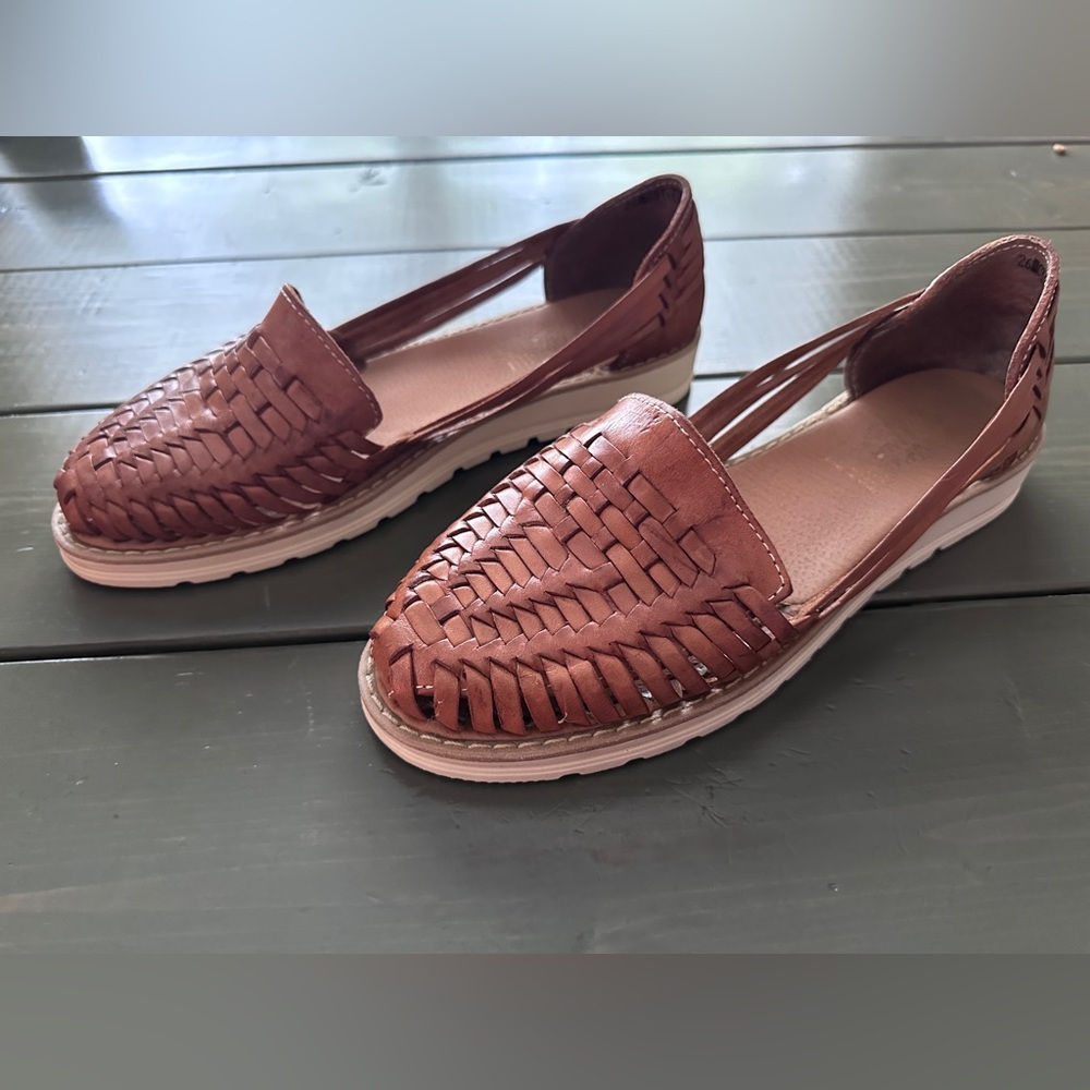 Woven Leather Espadrille Flats - Tan